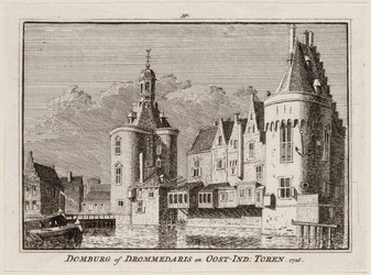 1a152 Domburg of Drommedaris en Oost-Ind: Toren. 1726 : vanuit het zuidwesten, 1726