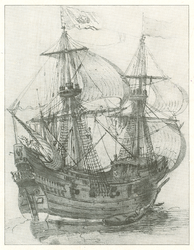 65h393 Hollandsche Meester ca. 1600 : Teekening van een gewapend Koopvaardijschip, ca. 1600