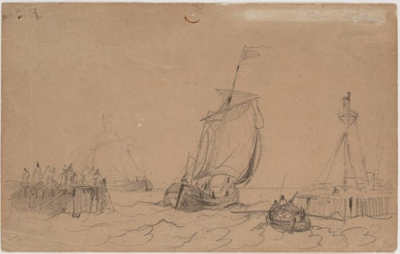 1a153 Uitzeilende vissersboten bij de Buitenhaven van Enkhuizen : vanuit het noorden, 18-?