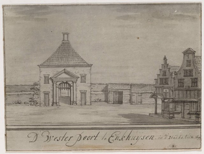 1a2 D' Westerpoort te Enkhuysen. in d' stad te sien 1699 : vanuit het oosten, 1699