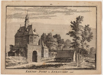 1a37 Keeten-Poort te Enkhuizen. 1726 : met ook de Ketenboom, vanuit het zuidoosten, 1726