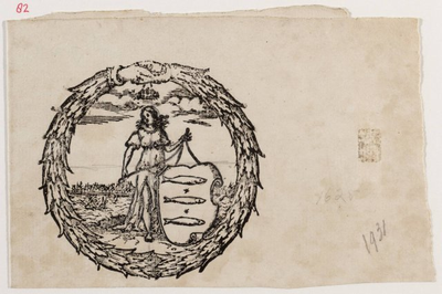 1a82 Stedemaagd en stadswapen van Enkhuizen, met stadsprofiel op de achtergrond, ca. 1700