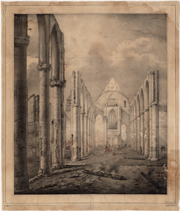 1d29 Het verwoeste interieur van de Grote Kerk na de brand van 3 augustus 1838, 1838, 3 augustus