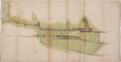 1h15 Kaart van de dorpskernen, hoofdwegen en landerijen van Opmeer en Spanbroek tussen de molen van de polder De Kaag ...