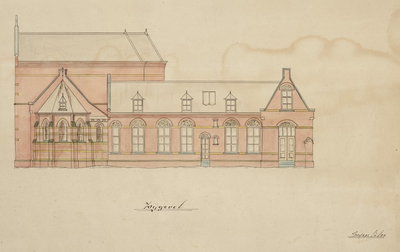 4f21 Bouwtekening van de zusterschool voor meisjes 'Sint Jozef' : Zijgevel vanuit het noordoosten, 1894-1895?