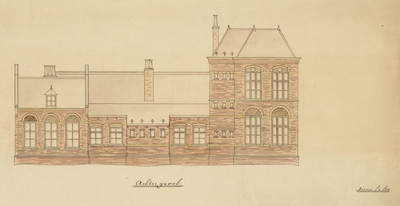 4f22 Bouwtekening van de zusterschool voor meisjes 'Sint Jozef' : Blad 6 : Achtergevel vanuit het noordwesten, 1894-1895?