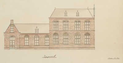 4f23 Bouwtekening van de zusterschool voor meisjes 'Sint Jozef' Blad 7 : Zijgevel vanuit het zuidwesten, 1894-1895?