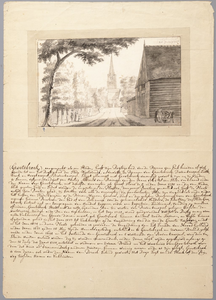 65h157 Zesstedenweg bij de Ciris Brug vanuit het westen, met op de achtergrond de toren van de hervormde kerk, 1745