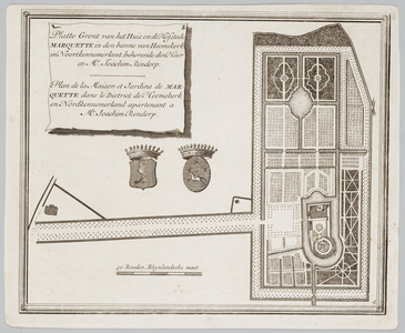 65h56 Platte Grond van het Huis en de Hofstede Marquette in den banne van Heemskerk in Noortkennemerlandt,... etc., ca. 1700