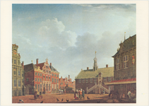 foto-27096 De makrt ('Roodesteen') te Hoorn met het in 1797 afgebroken stadhuis (midden), de Waag (rechts) en links het ...