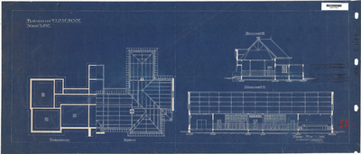 10001114 Plan voor U.L.O.-school, funderingplan, kapplan, doorsnede AB en CD, Hoorn, Johan Messchaertstraat 3, 1923