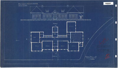 10001116 Plan voor U.L.O.-school, voorgevel en grondplan, Hoorn, Johan Messchaertstraat 3, 1923