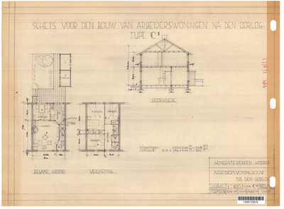 10001330 Schets voor de bouw van arbeiderswoningen na de oorlog: Type C1, Hoorn, 1944