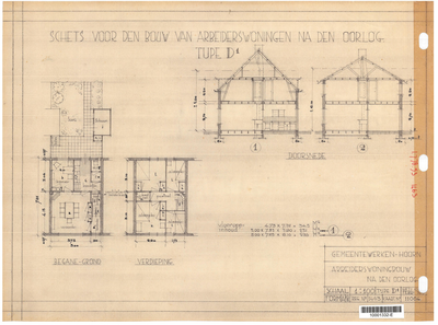 10001332 Schets voor de bouw van arbeiderswoningen na de oorlog: Type D1, Hoorn, 1944