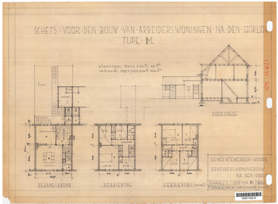 10001342 Schets voor de bouw van arbeiderswoningen na de oorlog: Type M, Hoorn, 1944
