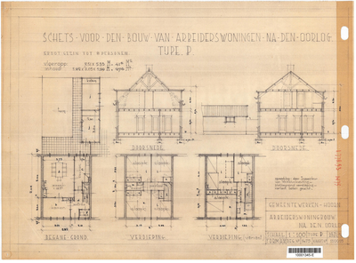 10001345 Schets voor de bouw van arbeiderswoningen na de oorlog: Type P1, Hoorn, 1944