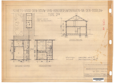 10001346 Schets voor de bouw van arbeiderswoningen na de oorlog: Type P2, Hoorn, 1944