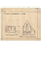 10001449 St. Maria- of Noorderkerk, gedeelte van de koorgevel (n.w.) en doorsnede koor naar westen gezien, ongedateerd