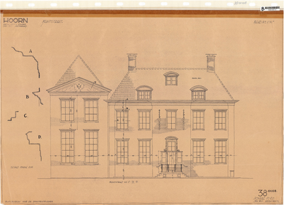 10001491 Geveltekening Muntstraat 4, met maten en vier doornsedes. Niet bij RCE, ongedateerd